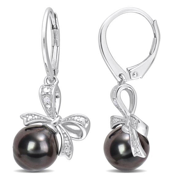 Everly Women’s 8-9mm Cultured Tahitian Pearl and Diamond Accent Silver Bow Leverback Earrings