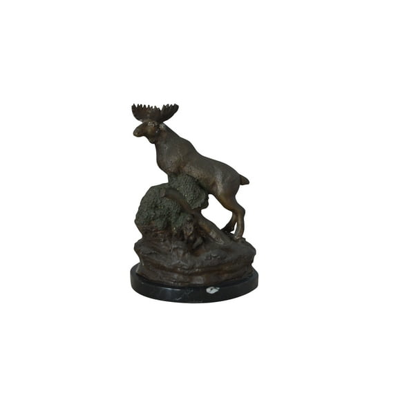 Moose on a rock bronze statue - Size: 9"L x 7"W x 14"H.