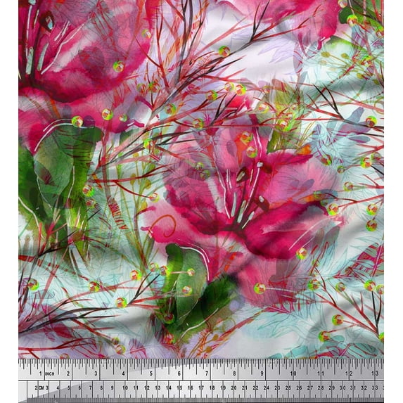 Soimoi Satin Silk Fabric Berries & Lily Flower Print Fabric by The Yard 42 Inch Wide