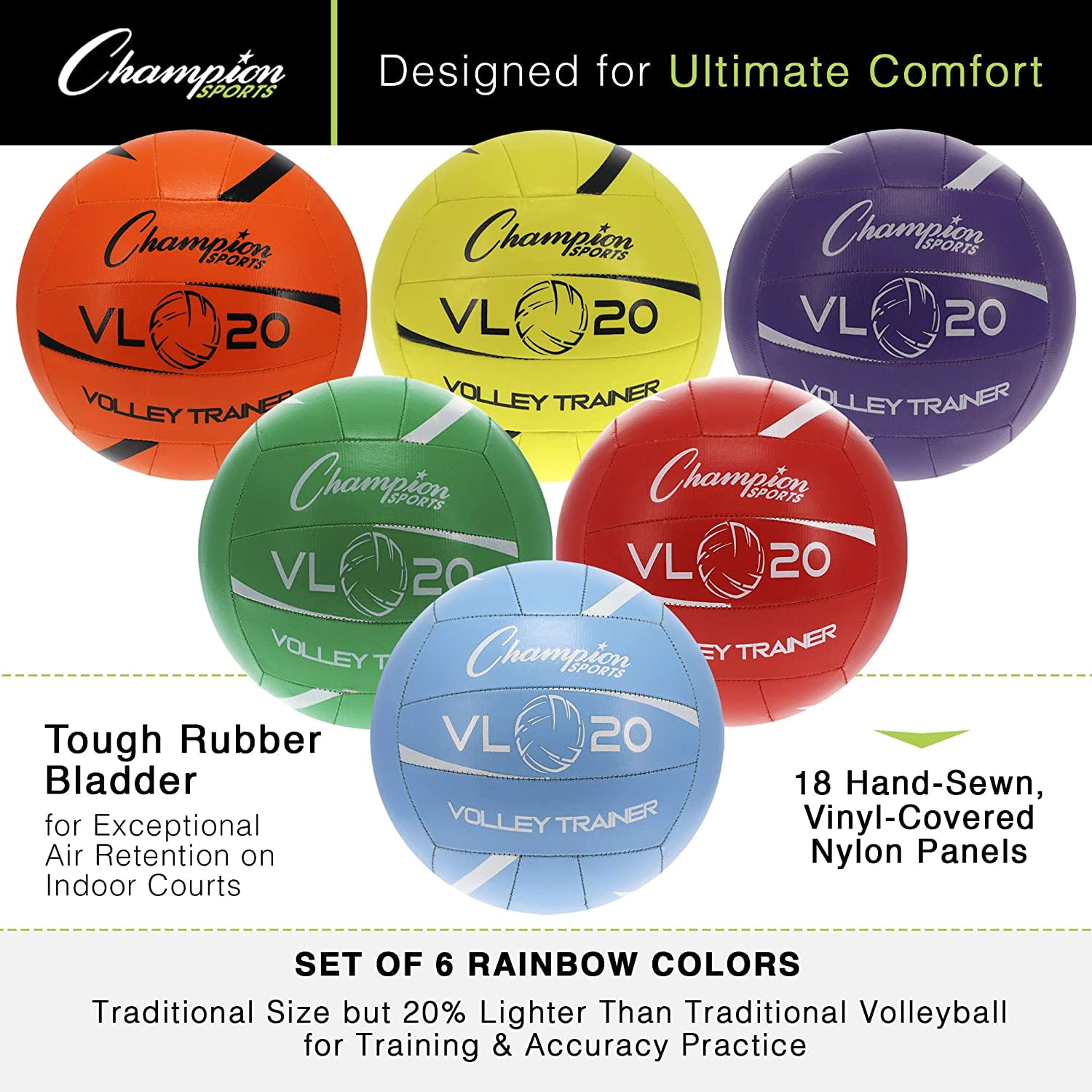 Champion Sports Training Volleyball, Size 8, Indoor and Outdoor, with Soft, Hand-Sewn Nylon Panels - Lightweight Volleyballs for Practicing, Recreation - Premium Equipment and Gear - Set