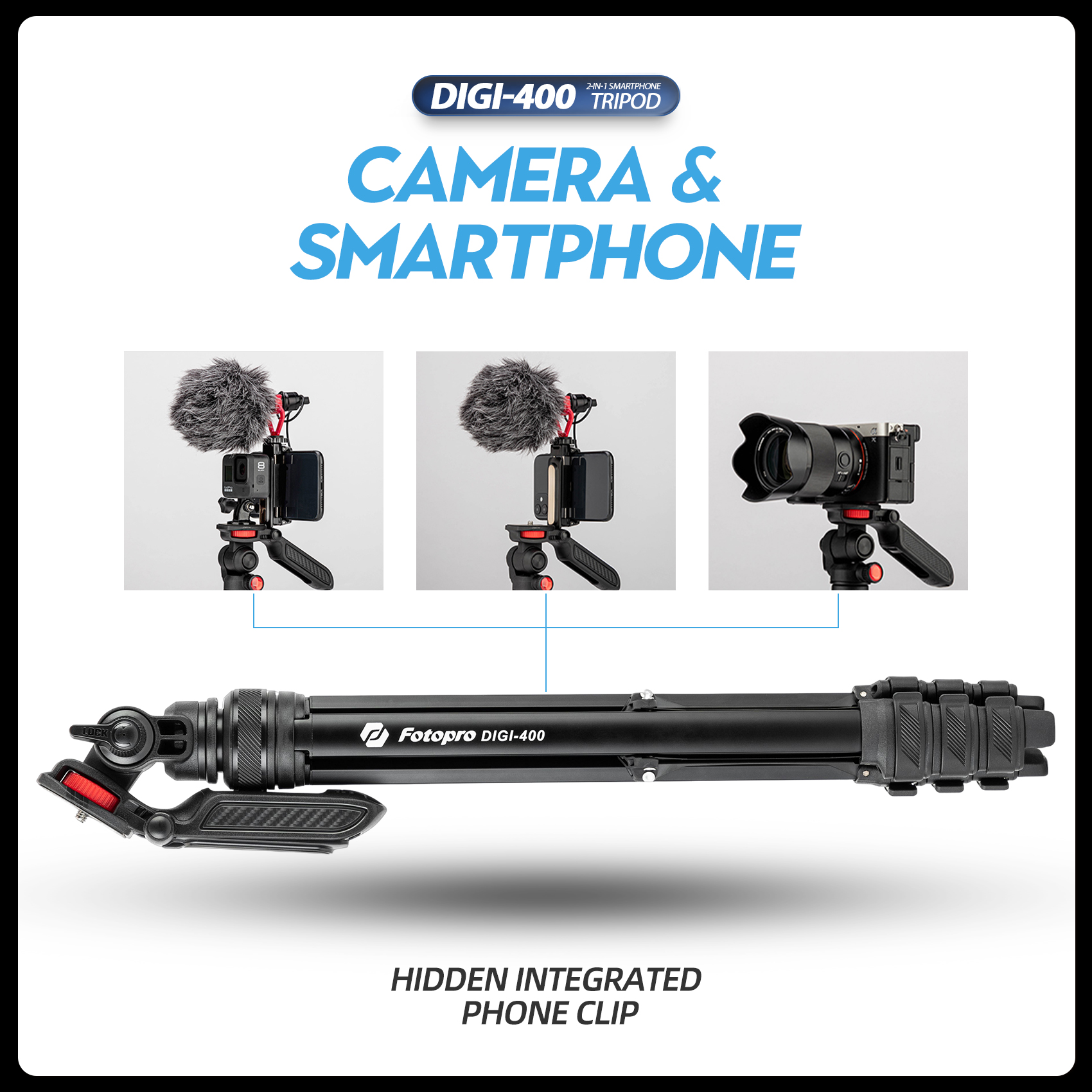 Fotopro 55"Camera Tripod, 2-in-1 Compact Phone Tripod with Fluid Video Head Hidden Cold Shoe Phone Clip, 1.5lbs Lightweight Aluminum Max Load 6.6lbs