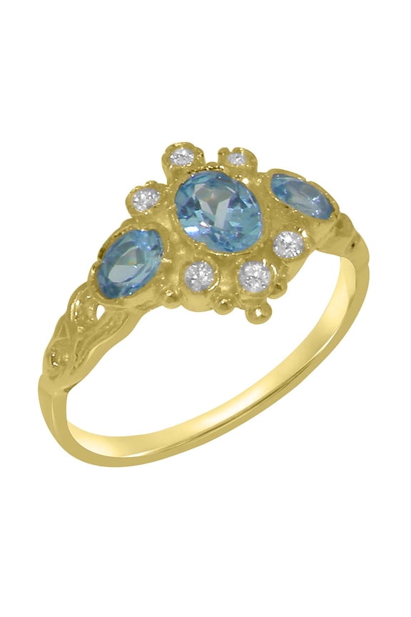 LBG British Made 9k Yellow Gold Natural Blue Topaz & Diamond Womens Statement Ring - 33 size options - Size 6.75