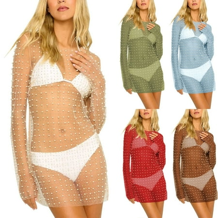 Brnmxoke Women s Pearl Rhinestone Cover Up Dress See Through Sheer Mesh Long Sleeve Mini Dress Skinny Bikini Beach Swimwear Cover Ups Green M