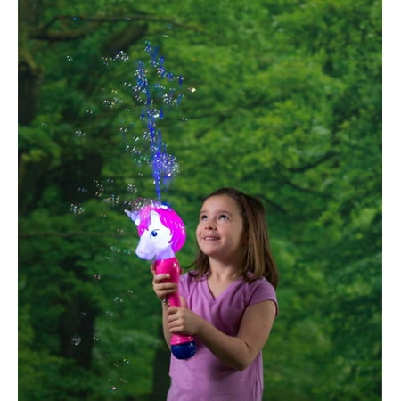 HearthSong Light Up Unicorn Bubble Blower Machine - Includes 3 oz Bubble Solution - Battery Operated - 13''