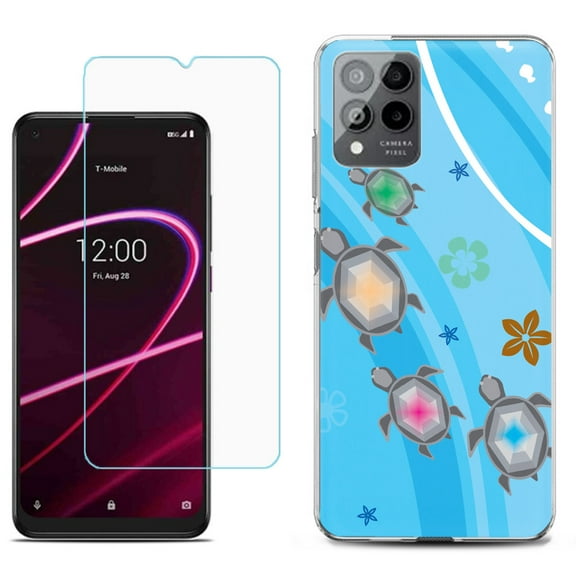 Slim-Fit Gel TPU Phone Case for T-Mobile Revvl 6 Pro 5G, with Tempered Glass Screen Protector, by OneToughShield ® - Happy Turtle