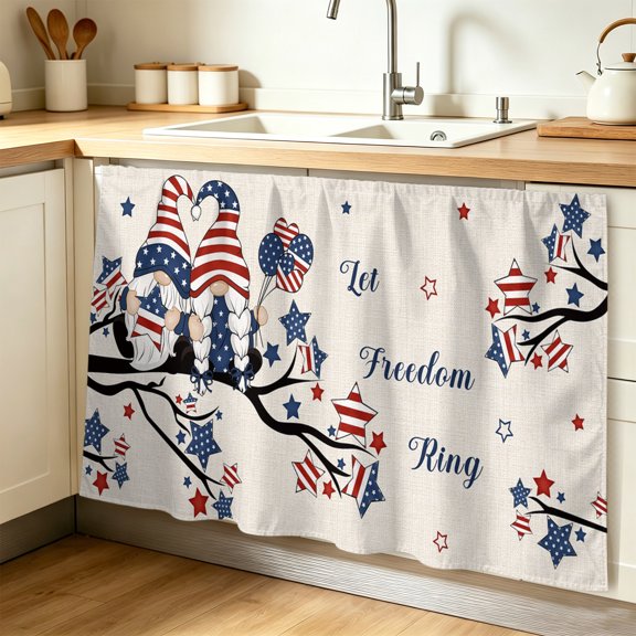 4th of July Cabinet Curtain 32"Wx55"L,Dustproof Pantry Door Curtain W/ Self Adhesive Tape,Independence Day Gnomes Blue Red Star Tree Rustic Tall Storage Cover Privacy Drape for Bathroom Kitchen
