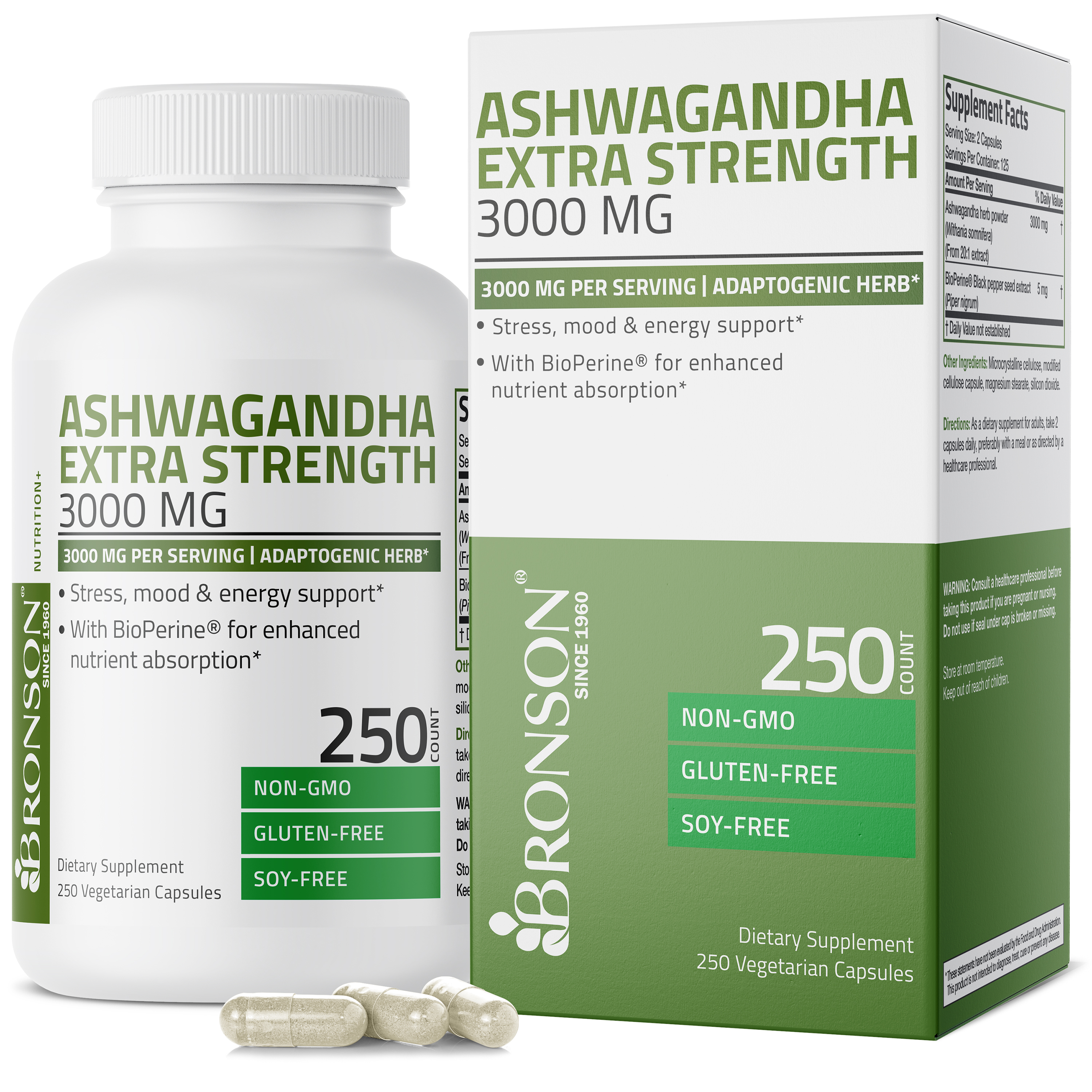 Bronson Ashwagandha Extra Strength 3000 mg per Serving, Stress & Mood Support with BioPerine - Non GMO, 250 Vegetarian Capsules
