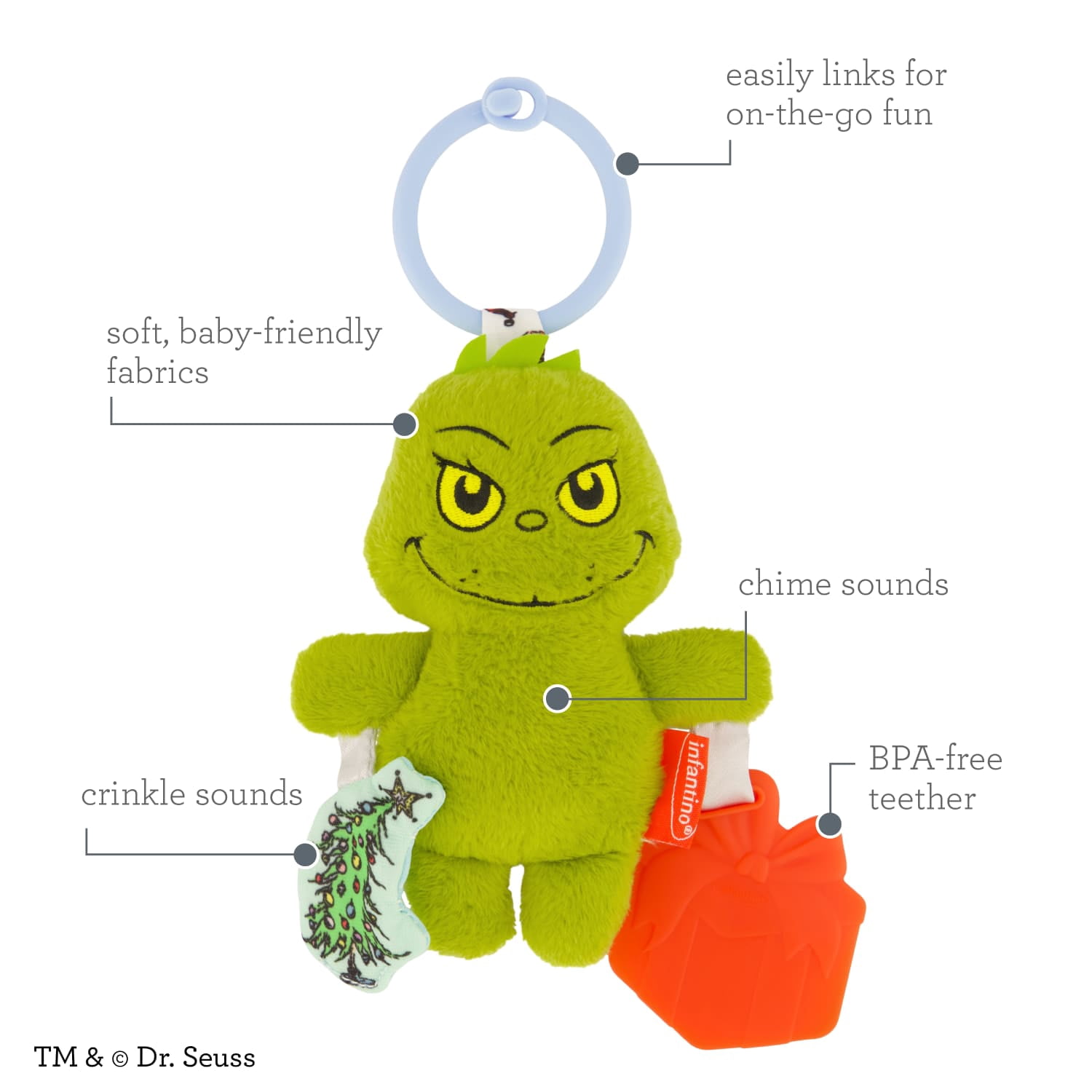 Infantino Chime & Go Tag Along Pal The Grinch, Soft Plush Baby Toy with Teether and Crinkle Tree