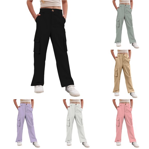 Cargo Pants for Toddler Girls Solid Color with Pocket Trousers Size 4-5T ,Black