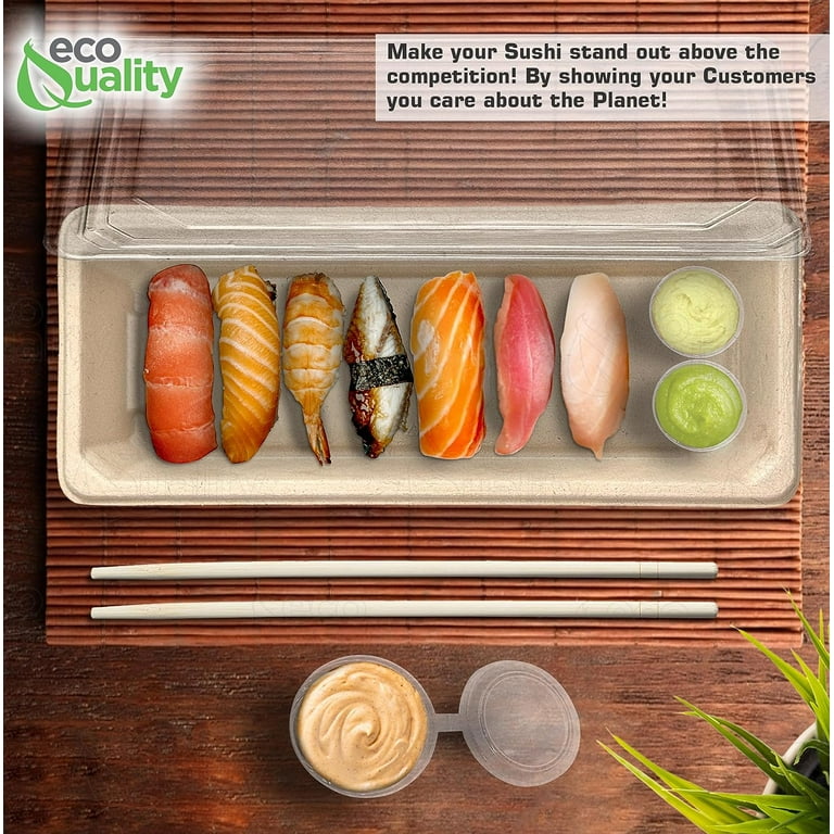 EcoQuality Large Compostable Sushi Trays with Lids - Natural Sugarcane  Bagasse Take Out Sushi Container - Biodegradable Disposable Sushi Plate  with