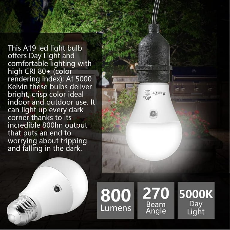 koppeling Staat Theoretisch Dusk to Dawn Light Bulb- 2 Pack, A19 LED Sensor Light Bulbs; UL Listed,  Automatic On/Off, 800 Lumen, 10W(60 Watt Equivalent), E26 Base,  Indoor/Outdoor Lighting Bulb (5000K Daylight) - Walmart.com