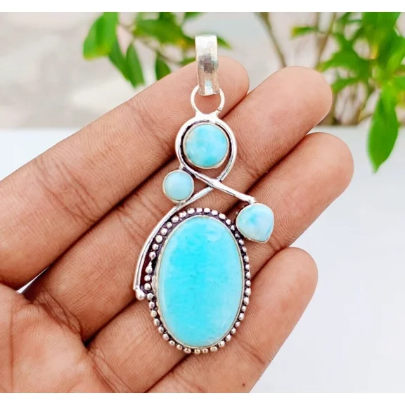 Natural Larimar Gemstone Pendant 925 Sterling Silver Handmade Jewelry 2.67"