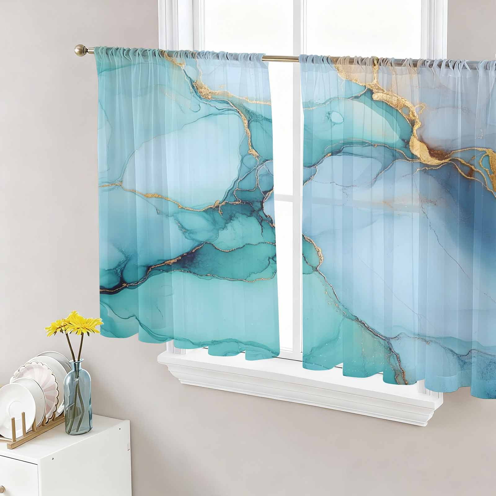Teal Marble Semi Sheer Curtains 45 Inch Length 2 Panels Set Contemporary Ink Painted Abstract Art Sheer Kitchen Curtain Privacy Voile Window Curtain for Living Room Bedroom Rod Pocket Drapes