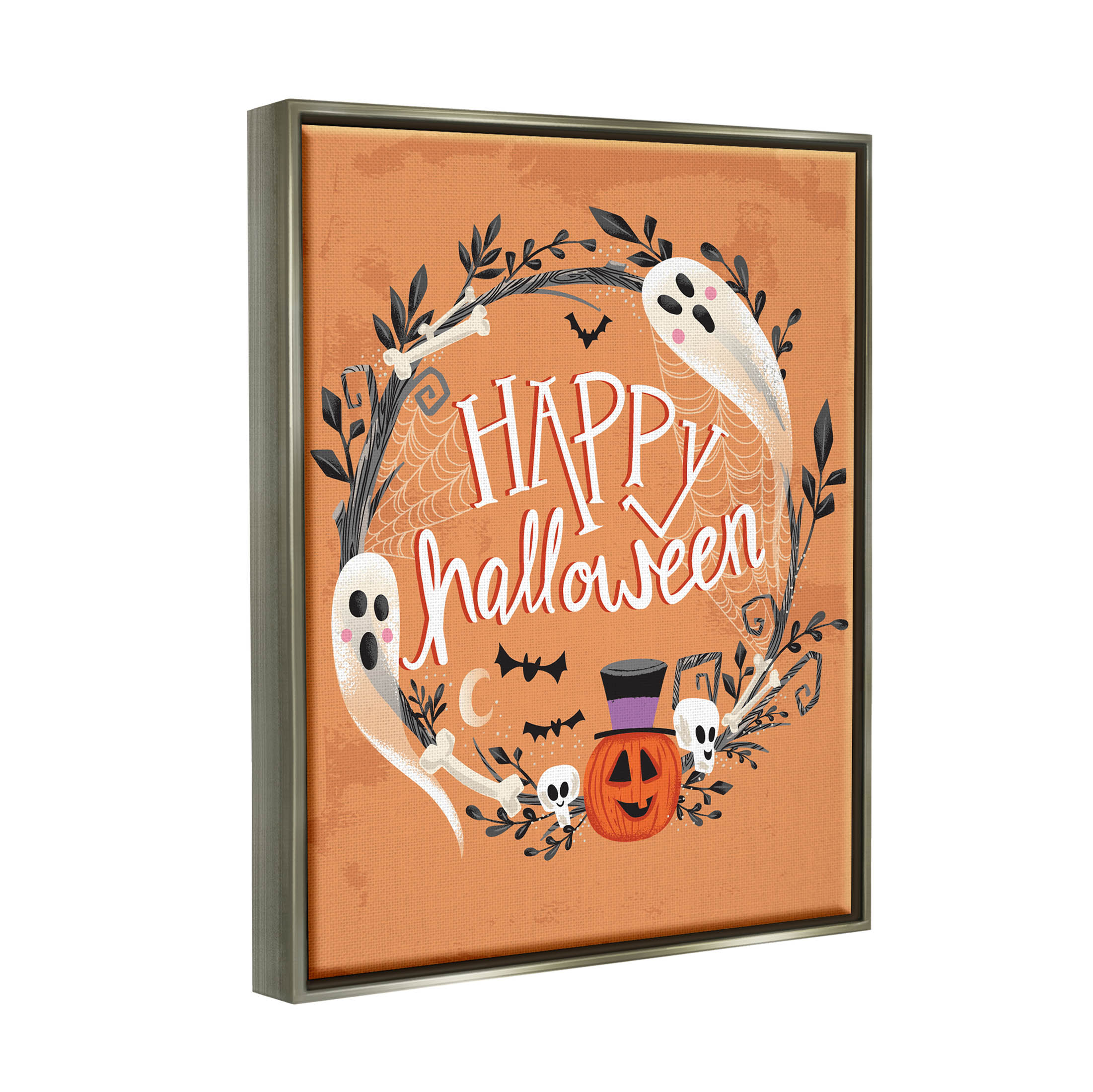 Stupell Industries Happy Haunts Halloween Wreath Graphic Art Luster Gray Floating Framed Canvas Print Wall Art, Design by Arrolynn Weiderhold