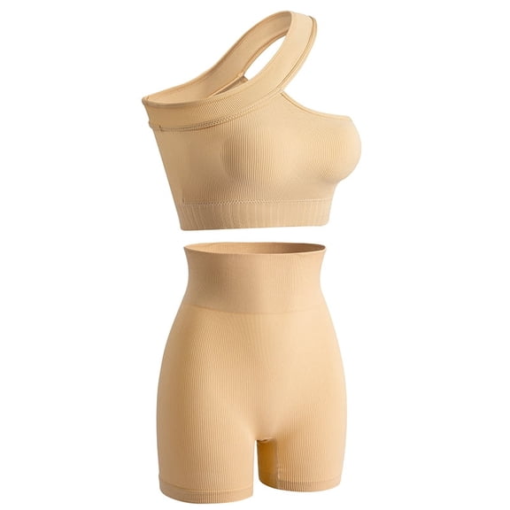 2024 NEW Workout Sets for Women 2 Piece Ribbed One Shoulder Crop Tank Tops and High Waist Shorts Yoga Outfits Sports Fitness Gym Sets