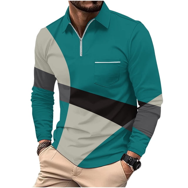 Birdeem T-Shirts à Manches Longues pour Hommes T-Shirts Décontractés Imprimés à Fermeture Éclair T-Shirt à Manches Longues Col Rabattu T-Shirts à Manches Longues pour Hommes