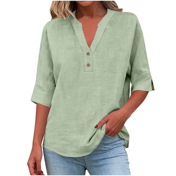 Cotton Linen Tops for Women 3/4 Sleeve V Neck T-Shirt with Buttons Solid Color Loose Fit Casual Summer Tees (XL, Green)