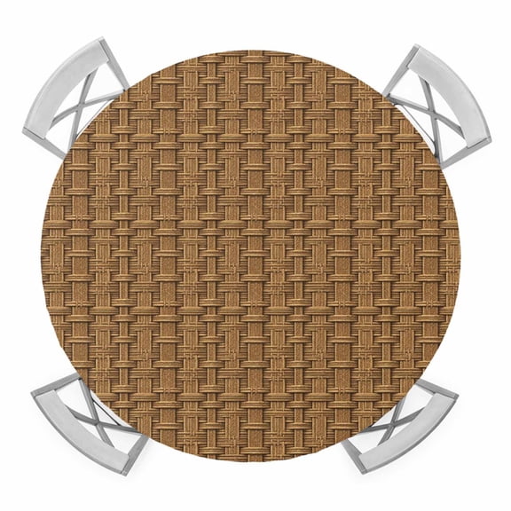 Elastic Fitted Round Tablecloth, Vintage Rattan Waterproof Stretch Table Cover for 36"-44" Tables, Minimalist Abstract Wicker Texture Brown Washable Outdoor Tablecloths for Patio, Picnic, Camping