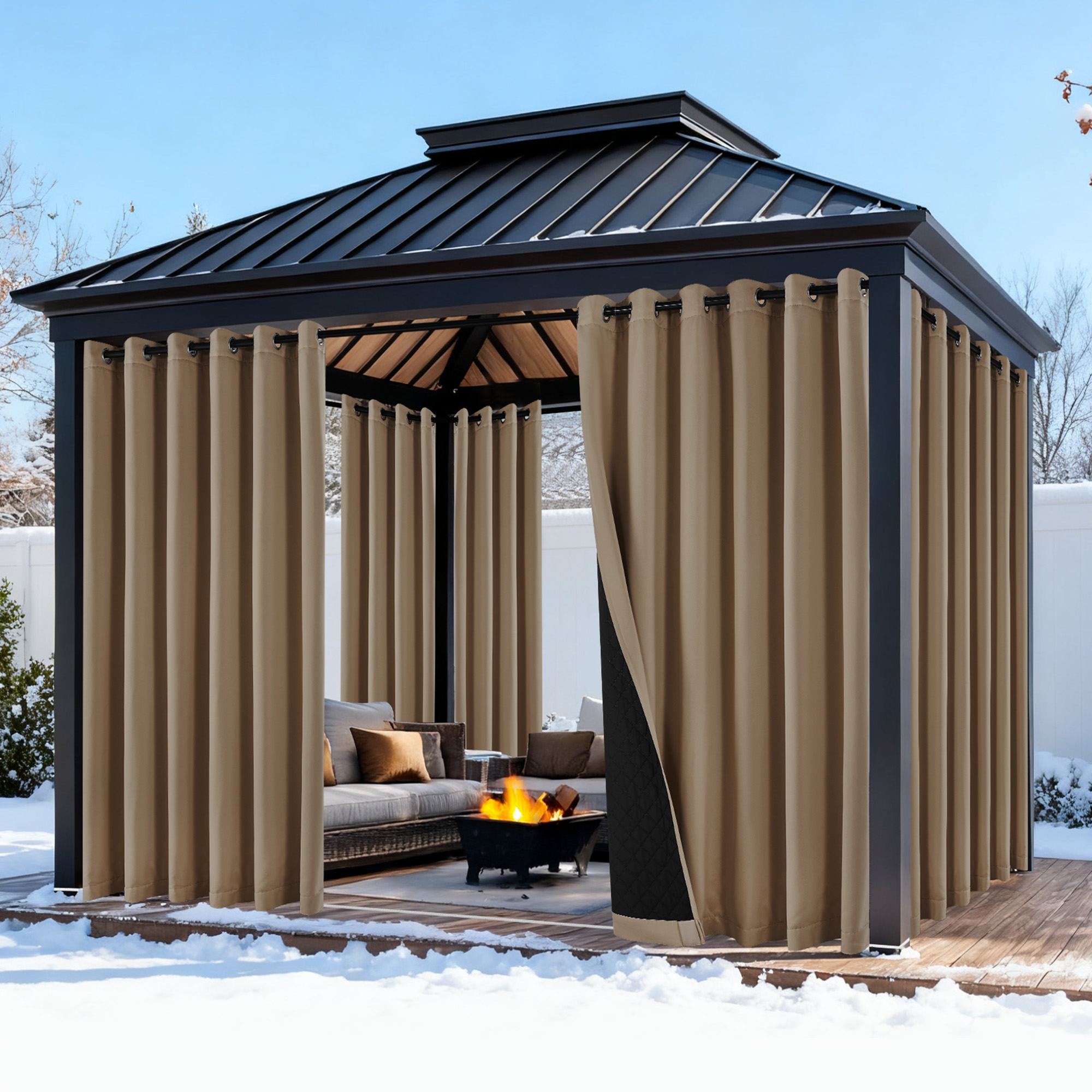NICETOWN Outdoor Curtain Thermal Insulated Windproof for Winter, Top Grommet & Bottom Backtab Quilted Heavy Duty Cold Blocking Drapes, Tan, W52 x L96, 1 Panel