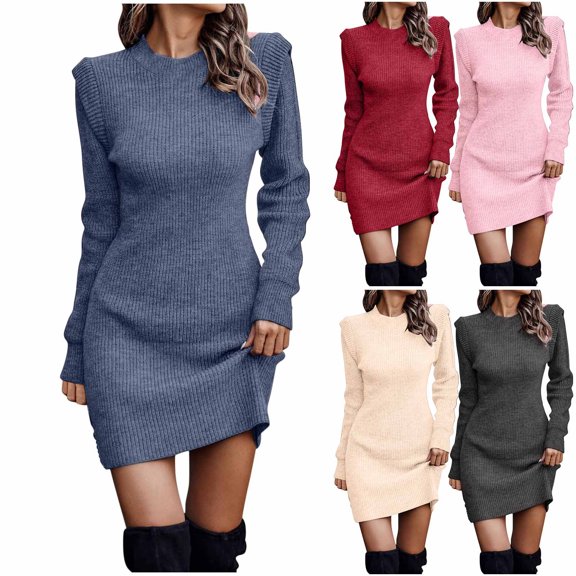 Swuxness Women Long Sleeves Bodycon Dress, Women Casual Mini Dresses, Women's Casual Solid Color Waist Cinched Bodycon Crew Neck Knee Length Dress Beige, XXXXXL