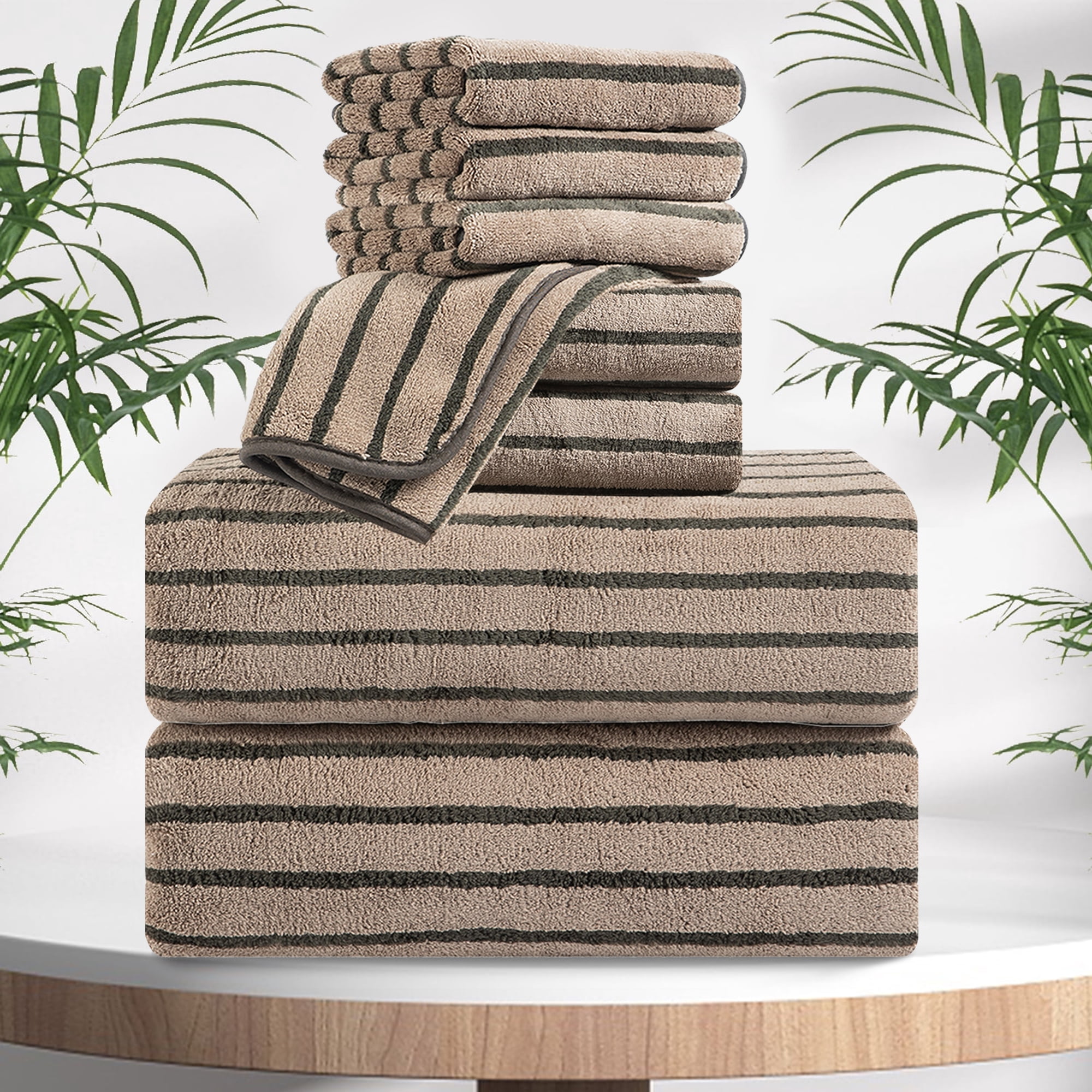 Jessy Home 8 Pcs Dark Brown Bicolor bar Stripe Large Bath Towels Set 2 Oversized Bathroom Towels, 2 Hand Towels, 4 Washcloths