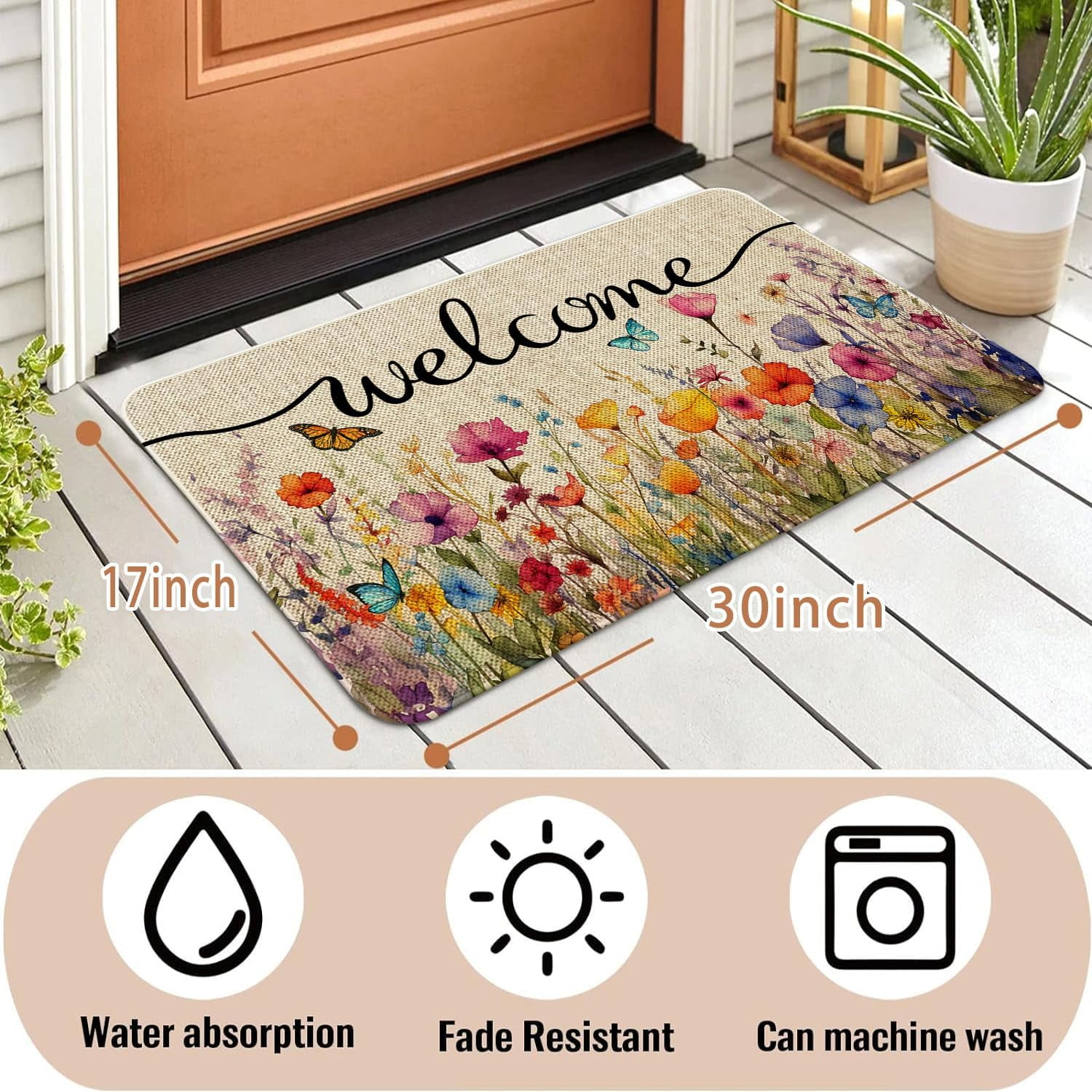 Spring Summer Front Door Mat Floral Doormat Colorful Flower Decor Non-Slip Outdoor Welcome Mat for Garden, Yard, Patio, Porch, Home Decorations 17"x30"