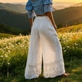 thumbnail image 4 of Womens Boho Lace Hem Wide Leg Pants, Drawstring Waist Loose Fit Casual Summer Beach Trousers Vacation White L, 4 of 4