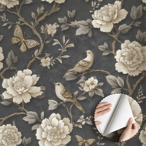 Vintage Birds and Floral Wallpaper, Rustic Farmhouse Peel and Stick Wallpaper Waterproof, Home Decoration Wall Decor for Living Room Bedroom Bathroom Kitchen Cabinet Drawer 17.7 * 78.5 in