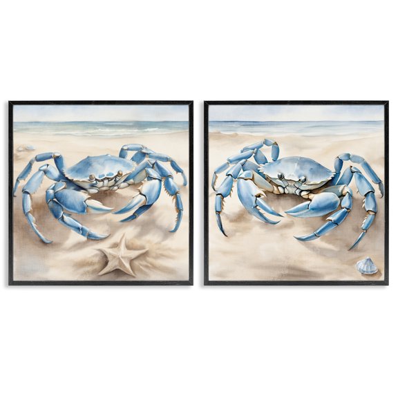 Stupell Industries Nautical Blue Crabs Beach Animals Painting Black Framed Art Print Wall Art, 12 x 12, Set of 2