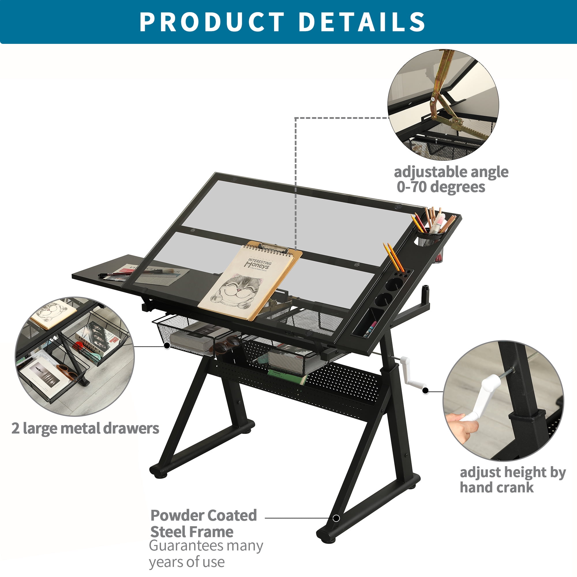 Adjustable Tempered Glass Drafting Table with Hand Crank and Chair, Height-Adjustable Drawing Desk and Art Studio Workstation with Storage, Black