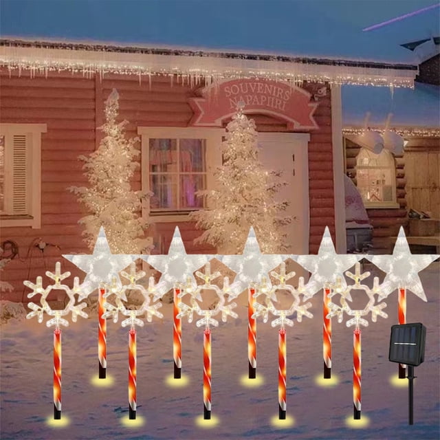 Fiudx Luces Navideñas de Suelo con Forma de Pentagrama, Diseño de Copo de Nieve con Energía Solar, Luz Led Blanca Cálida, Decoración para Exteriores, Iluminación Festiva de Invierno, Fácil Instalació