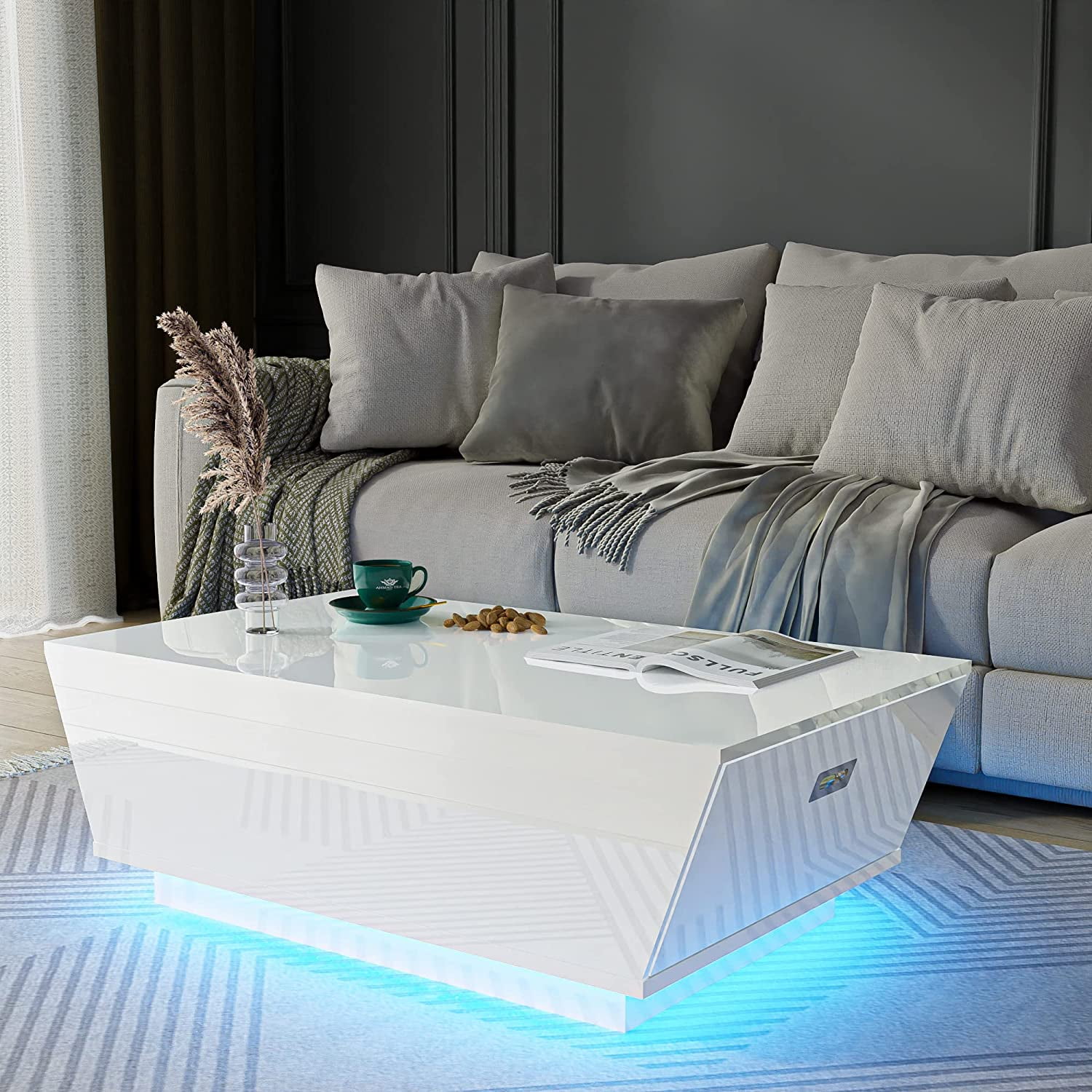 Cozy Castle White Modern Coffee Table with LED Lights, High Glossy