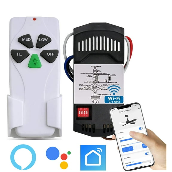Smart Wi-Fi Ceiling Fan & Dimmer Remote Control Kit, Fan Timing Speed & Light Dimmer Wireless Remote Compatible with Alexa Google Assistant & IFTTT, Remote Control, Timing Function No Hub Required