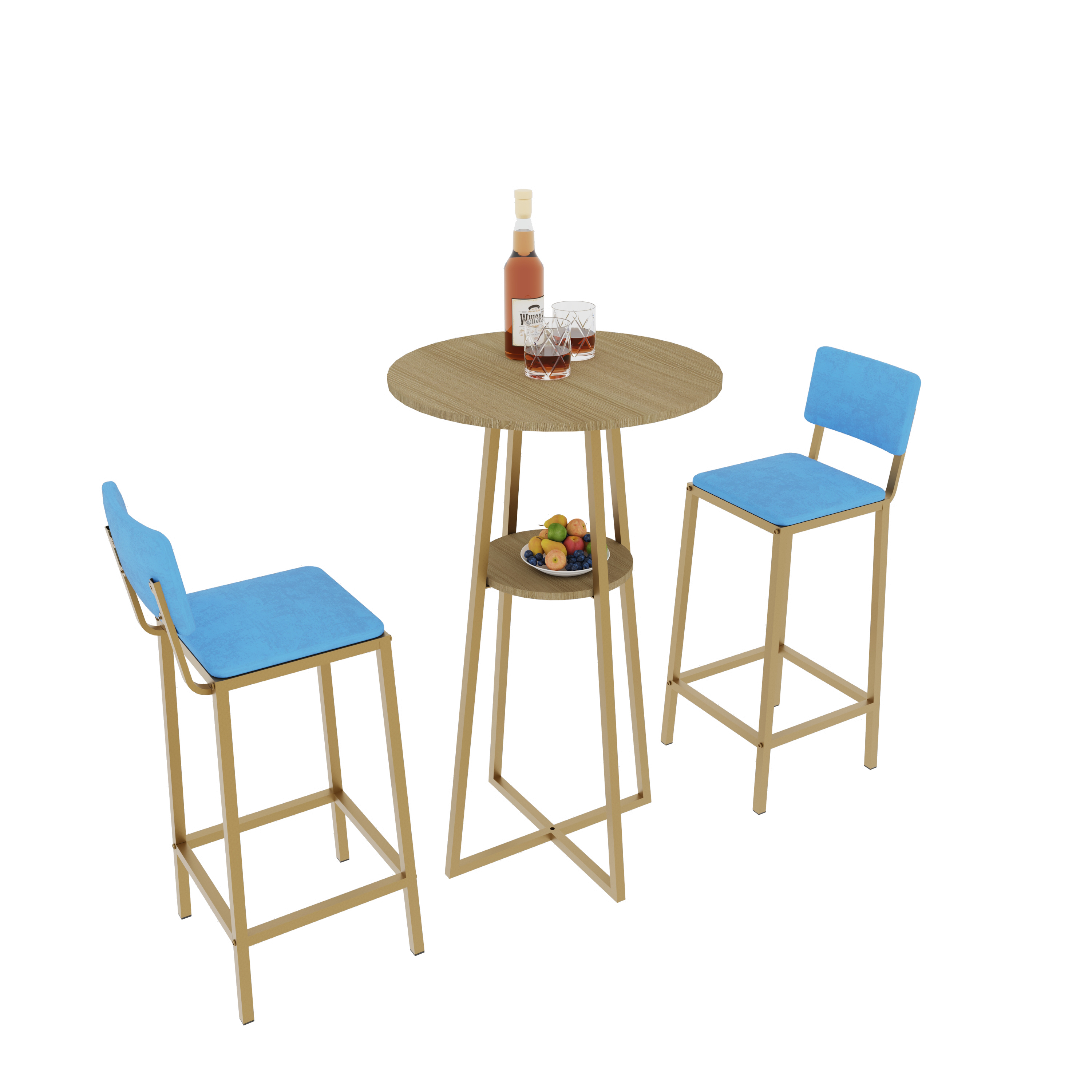 Aukfa 3 Pcs Dining Table Set, Bar Table and Chairs Set with storage cushions for Breakfast Kitchen Dining Room, Blue