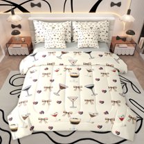 Feelyou Modern Fashion Ribbon Bedding Comforter Set 7pcs, Kawaii Cartoon Bowknot Queen Bedding Sets, Coffee Party Time Reversible Queen Sheet Sets, Ultra Soft Bedroom Decor