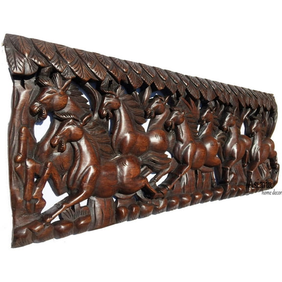 Running Horse Feng Shui Symbol Wood Carved Wall Panel. Asiana Chinese Home Decoration 35.5"x13.5"x0.5" Extra Thick Dark Brown