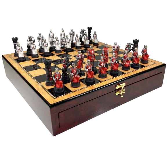 Medieval Times Crusades WARRIOR Red  White Chess Set Walnut Color Storage Board