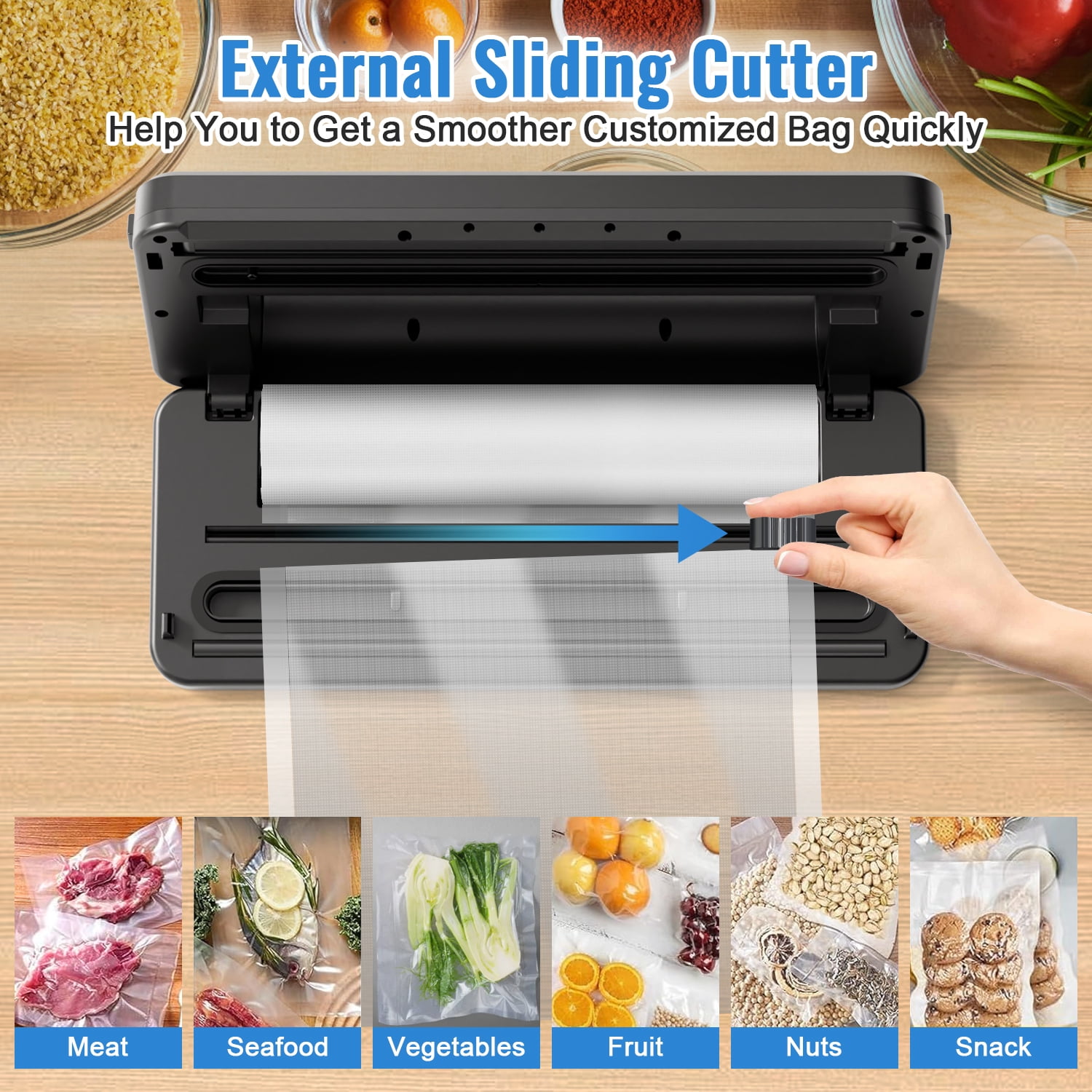 Food Vacuum Sealer Machine with 2 Rolls Food Vacuum Sealer Bags, 8-in-1 Automatic Food Sealer with Dry & Moist Food Modes, Led Indicator Lights, Built-in Cutter, Compact Design for Food Storage