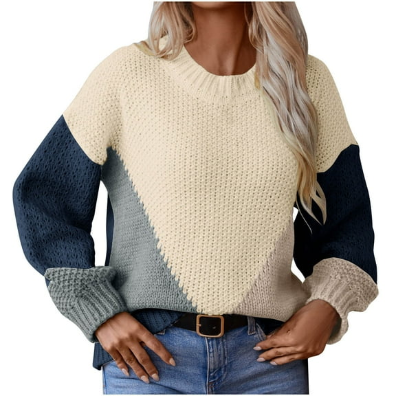 Giftesty Sweaters for Women Plus Size Womens Casual Color Blocked Round Neck Knitted Pullover Sweater Tops Oversized