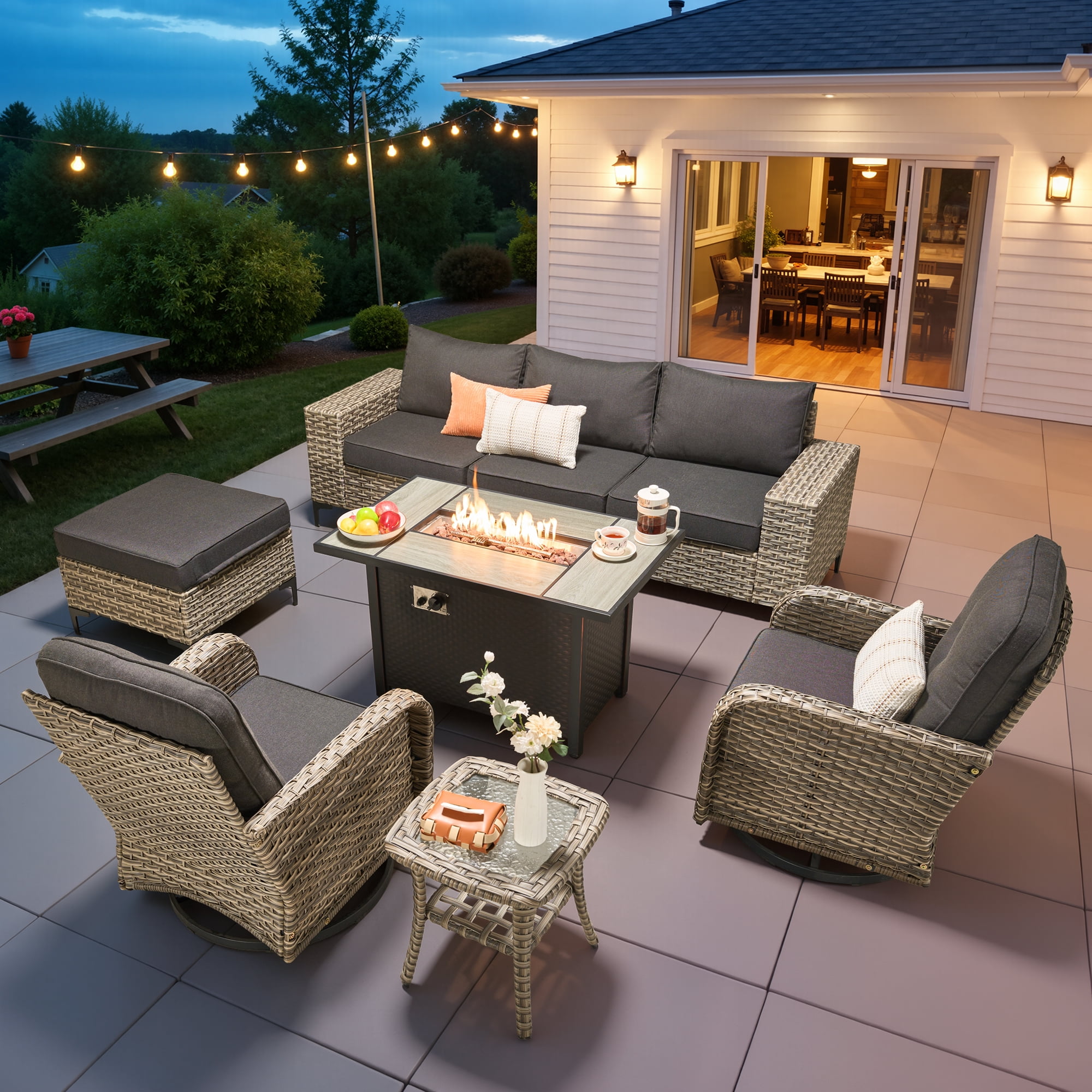 Ovios 9 Pieces Wicker Patio Furniture Sets Outdoor Conversation Sectional Sofa with Swivel Chairs & Fire Pit