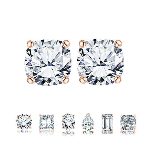 Pendientes tipo botón JeenMata Solitario de Moissanita de 1 Quilate y 4 Puntas Chapados En Oro Rosa de 18 K sobre Plata