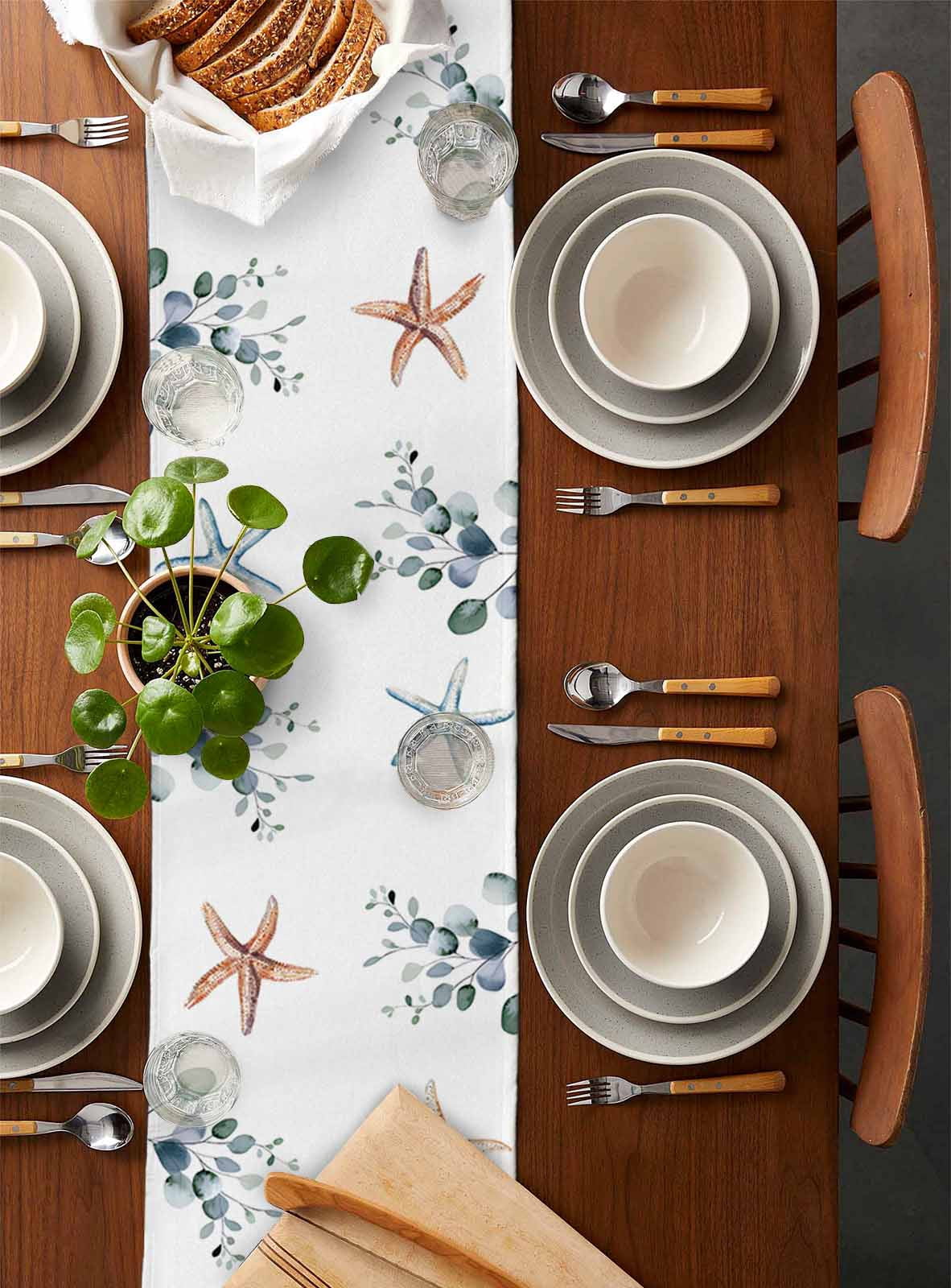 Starfish Eucalyptus Leaves Table Runner 90 Inches, Blue Teal Coastal Shell Bed Runner Dresser Scarves Tabletop for Indoor Outdoor Parties/Ceremony/Banquet, 13" x 90"