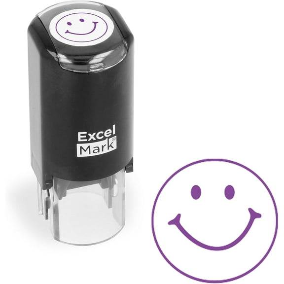 Excelmark Smiley Face Stamp, All-Season Teacher Stamp, Easy to Use Self-Inking Stamp, Round Teacher Stamp Classroom Supplies, Rubber Stamp with an ABS Plastic Construction, Purple Ink.