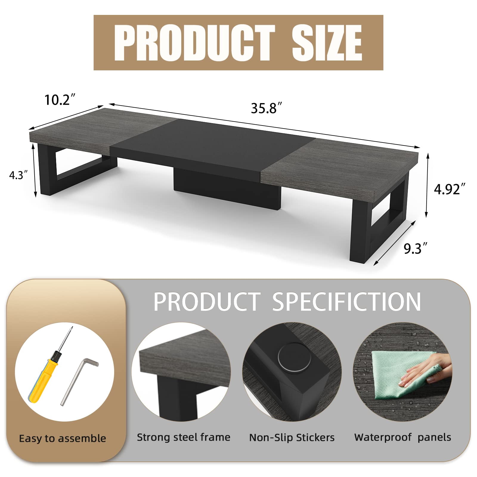 Dual Monitor Stand Riser  Wood And Steel Computer For 2 Monitors Multi-purpose Desktop Storage Laptop Printer Tv