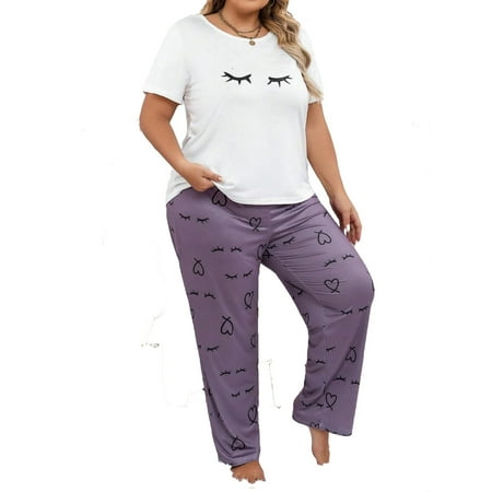 Cartoon Graphic Scoop Neck Pant Sets Multicolor Plus Size Pajama Sets (Women s)