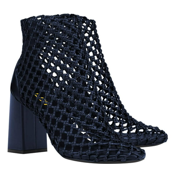 FSJ Women Closed Toe Woven Ankle Boots Zipper Back Block High Heel Booties Fashion Party Casual Dress Sandals Size 8 Blue