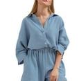thumbnail image 1 of hirigin Women 2Pcs Nightwear Suit, Solid Color 3/4 Sleeve Single-Breasted Turn-Down Collar Shirt + Elastic Waist Short Pants, 1 of 2