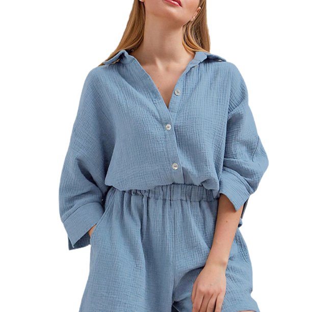 TRKIYQC Traje de dormir de 2 piezas para mujer, camisa de cuello vuelto de un solo pecho de manga 3/4 de color sólido + pantalones cortos de cintura elástica TRKIYQC moda