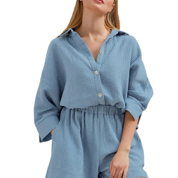 hirigin Women 2Pcs Nightwear Suit, Solid Color 3/4 Sleeve Single-Breasted Turn-Down Collar Shirt + Elastic Waist Short Pants