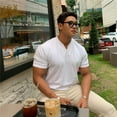 thumbnail image 2 of Summer Men Business Causal T-shirt Beach Fashion Thin Stand Collar Solid Tee V-neck Breathable Fitness Korean Streetwear Tops, 2 of 7
